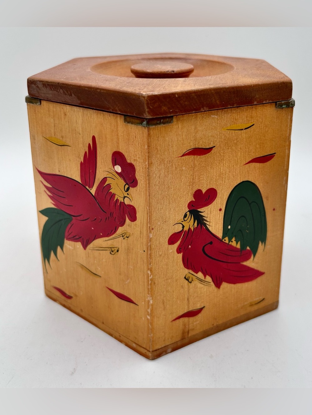 Vintage Rooster Wood Nesting Canister Octagon Japan Brown Red Medium 6" x 7"